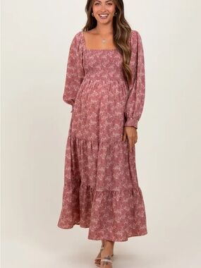 Lucky Brand Dusty Rose Floral Smocked Maxi Dress